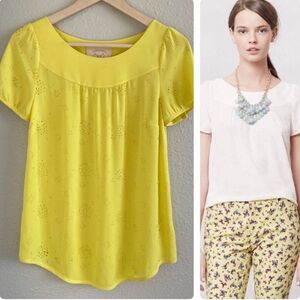 Anthropologie‎ Vanessa Virginia Yellow Laser Cut Short Sleeve Top Size 12
